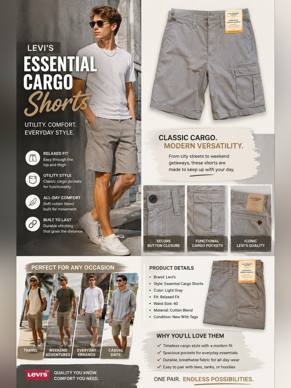Levi’s Essential Cargo Shorts Light Gray Relaxed Fit Utility Casual Streetwear